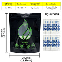 Load image into Gallery viewer, Smell Proof Stand-Up Pouches with 2-Way Humidity Control Packs Heat Sealable Storage & Curing Set for Herbs & Flower Buds 58%-62% RH Freshness & Long-Term Moisture Control