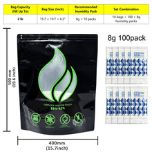 Load image into Gallery viewer, Smell Proof Stand-Up Pouches with 2-Way Humidity Control Packs Heat Sealable Storage & Curing Set for Herbs & Flower Buds 58%-62% RH Freshness & Long-Term Moisture Control