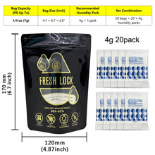 Load image into Gallery viewer, Smell Proof Stand-Up Pouches with 2-Way Humidity Control Packs Heat Sealable Storage & Curing Set for Herbs & Flower Buds 58%-62% RH Freshness & Long-Term Moisture Control