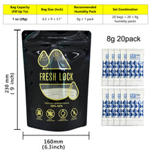 Load image into Gallery viewer, Smell Proof Stand-Up Pouches with 2-Way Humidity Control Packs Heat Sealable Storage & Curing Set for Herbs & Flower Buds 58%-62% RH Freshness & Long-Term Moisture Control