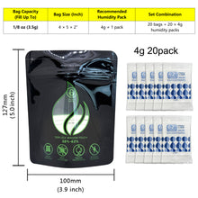 Load image into Gallery viewer, Smell Proof Stand-Up Pouches with 2-Way Humidity Control Packs Heat Sealable Storage &amp; Curing Set for Herbs &amp; Flower Buds 58%-62% RH Freshness &amp; Long-Term Moisture Control
