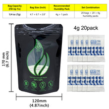 Load image into Gallery viewer, Smell Proof Stand-Up Pouches with 2-Way Humidity Control Packs Heat Sealable Storage &amp; Curing Set for Herbs &amp; Flower Buds 58%-62% RH Freshness &amp; Long-Term Moisture Control
