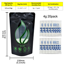 Load image into Gallery viewer, Smell Proof Stand-Up Pouches with 2-Way Humidity Control Packs Heat Sealable Storage &amp; Curing Set for Herbs &amp; Flower Buds 58%-62% RH Freshness &amp; Long-Term Moisture Control
