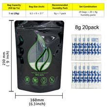 Load image into Gallery viewer, Smell Proof Stand-Up Pouches with 2-Way Humidity Control Packs Heat Sealable Storage &amp; Curing Set for Herbs &amp; Flower Buds 58%-62% RH Freshness &amp; Long-Term Moisture Control
