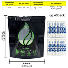 Load image into Gallery viewer, Smell Proof Stand-Up Pouches with 2-Way Humidity Control Packs Heat Sealable Storage &amp; Curing Set for Herbs &amp; Flower Buds 58%-62% RH Freshness &amp; Long-Term Moisture Control
