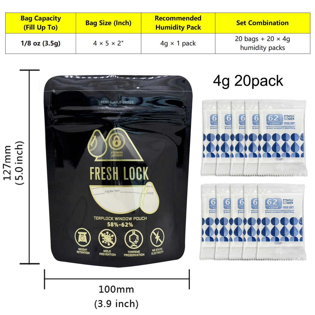 Smell Proof Stand-Up Pouches with 2-Way Humidity Control Packs Heat Sealable Storage & Curing Set for Herbs & Flower Buds 58%-62% RH Freshness & Long-Term Moisture Control