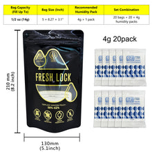 Load image into Gallery viewer, Smell Proof Stand-Up Pouches with 2-Way Humidity Control Packs Heat Sealable Storage &amp; Curing Set for Herbs &amp; Flower Buds 58%-62% RH Freshness &amp; Long-Term Moisture Control
