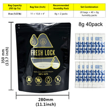 Load image into Gallery viewer, Smell Proof Stand-Up Pouches with 2-Way Humidity Control Packs Heat Sealable Storage &amp; Curing Set for Herbs &amp; Flower Buds 58%-62% RH Freshness &amp; Long-Term Moisture Control
