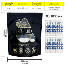 Load image into Gallery viewer, Smell Proof Stand-Up Pouches with 2-Way Humidity Control Packs Heat Sealable Storage &amp; Curing Set for Herbs &amp; Flower Buds 58%-62% RH Freshness &amp; Long-Term Moisture Control
