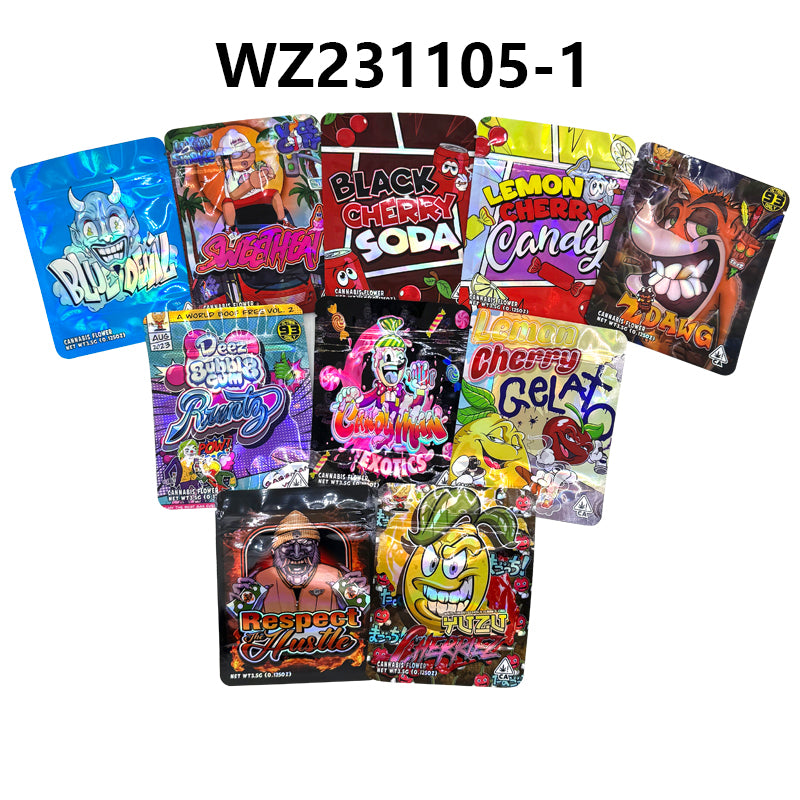 100 pcs GELATO 3.5g Smell Proof Mylar Stand Up Zip Lock Pouch Cookies Candy Holographic Laer Mixed Designs