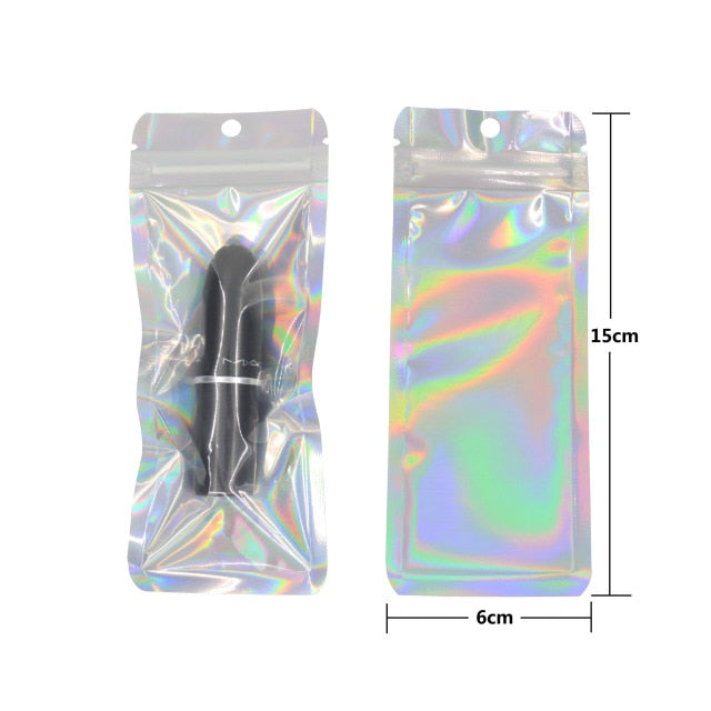100 Pcs Hologram Aluminum Foil And Transparent Zip Lock Bags Long Plastic Pouch Watch Pen Jewelry Cosmetic USB DATA Cable Bags